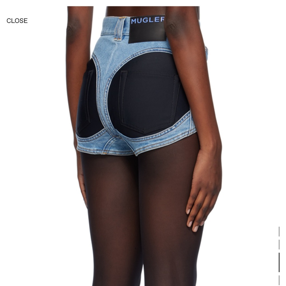 Mugler Two-Tone Cutout Denim Shorts in Black and Light Blue
